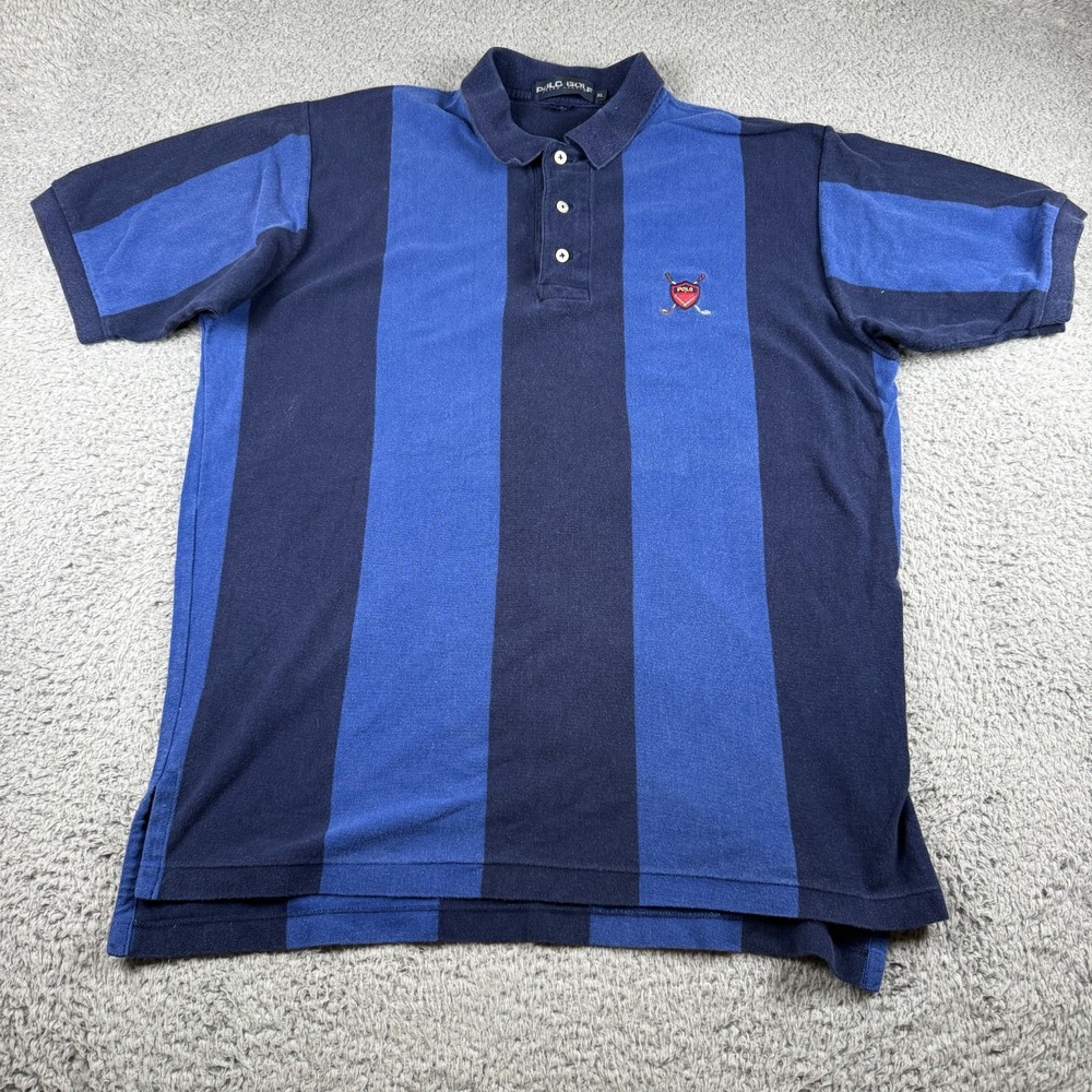 Polo Golf Shirt Mens XL Vintage Shield Crest Blue Stripe 90s